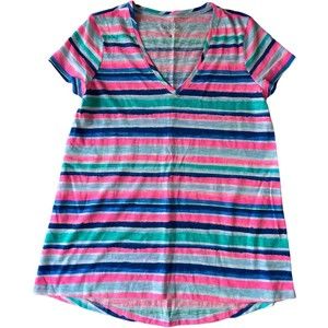 Lilly Pulitzer SMALL Sandy Shell Stripe V-NECK ETTA TEE 100% Cotton Tunic Hi Low